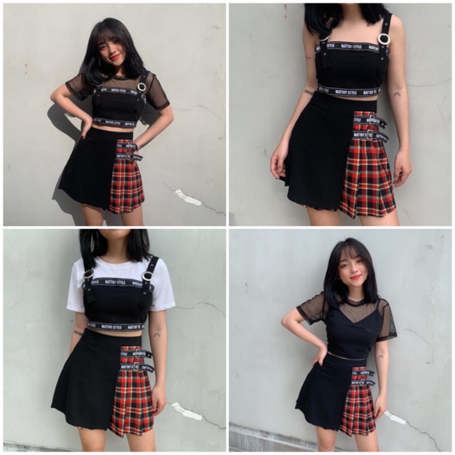 Chân váy nữa bên caro đỏ Natthy Style