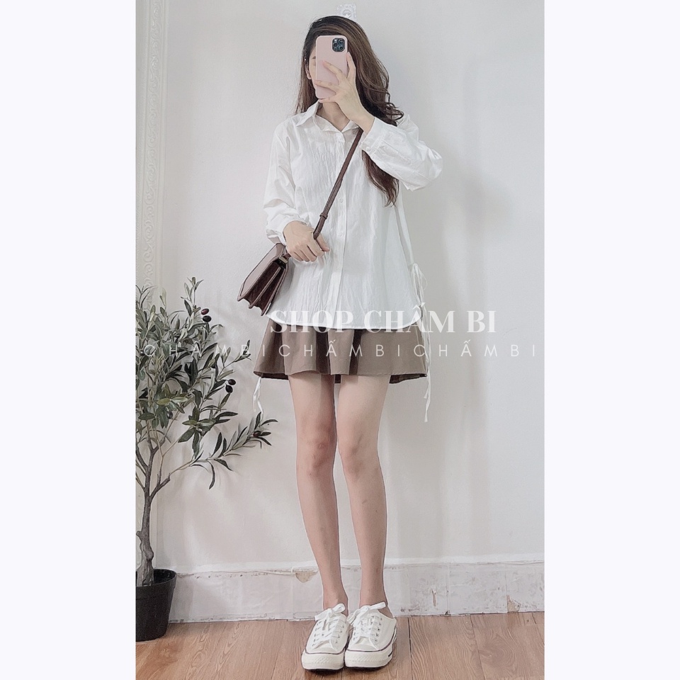 Áo sơ mi trắng A.258, Áo sơ mi form rộng cổ đức đuôi tôm dài tay thắt nơ nhỏ hai bên hông cách điệu style Hàn Quốc