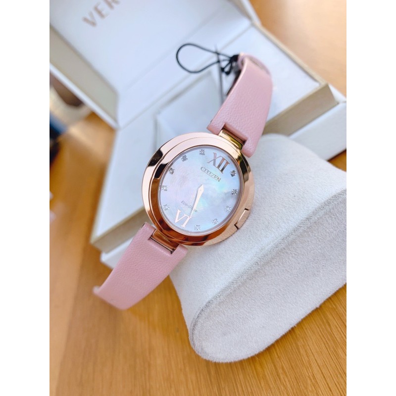 Đồng hồ nữ Citizen Eco-Drive Women's Capella Diamond Accent Leather Watch EX1513-18D dây da Hồng baby