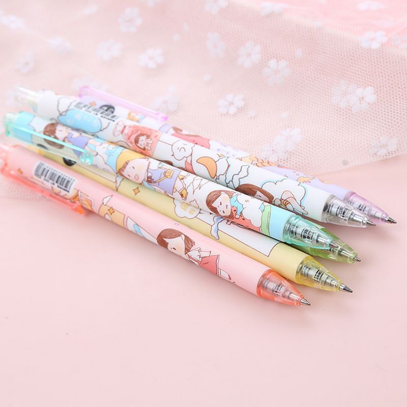 Bút bi mực nước cute ngòi 0.5mm/ bút bi bấm mực đen họa tiết khủng long xanh, thỏ, cô cậu bé, cá mập
