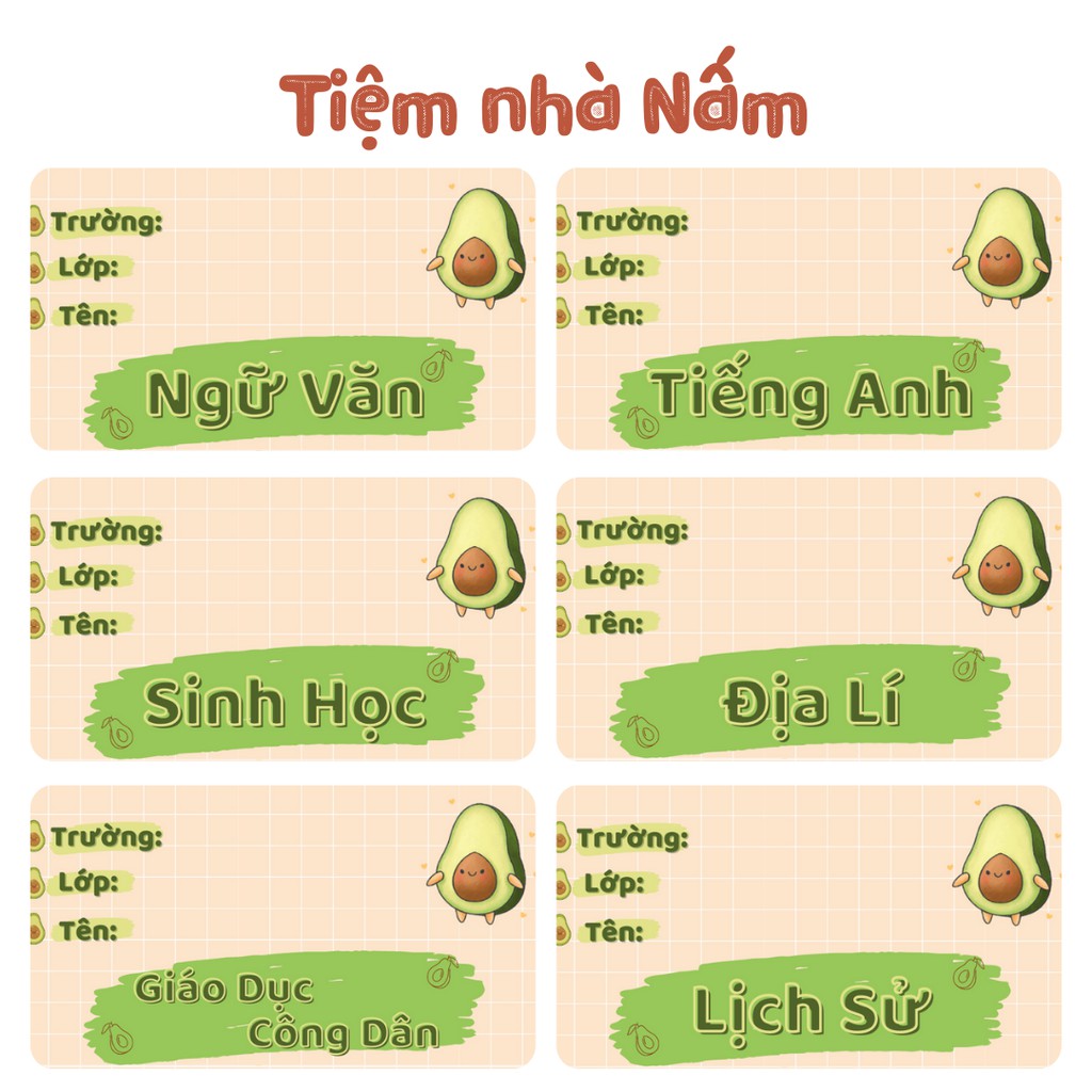 Combo Nhãn Vở Thiết Kế Theo Tên Môn Học, Bơ