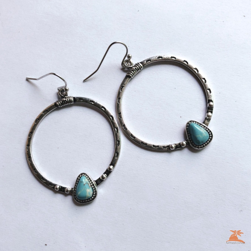 【COD】 Bohemian Style Metal Silver Big Circle Drop Earrings Vintage Pendientes Inlaid Blue Stone Women Earrings