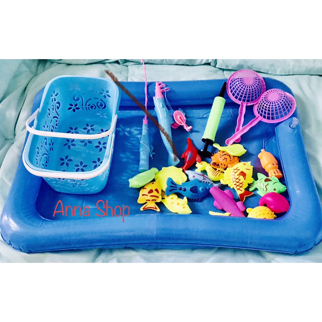 Đồ chơi Câu cá nam châm cho bé trong nước và trên cạn gồm Bể hơi cỡ lớn+Cần câu+Bơm+Cá