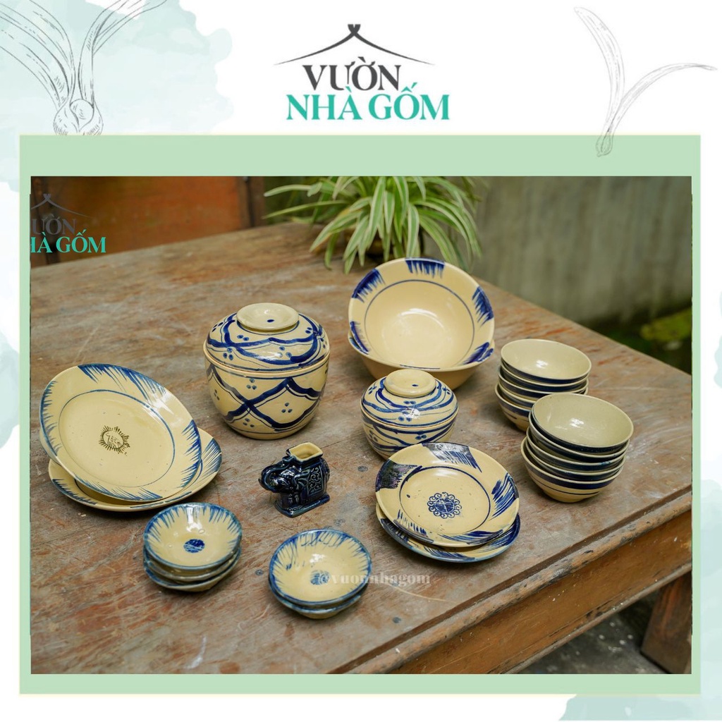 Bộ set chén bát tông xanh dành cho gia đình- bộ chén bát ăn cơm- Vườn Nhà Gốm
