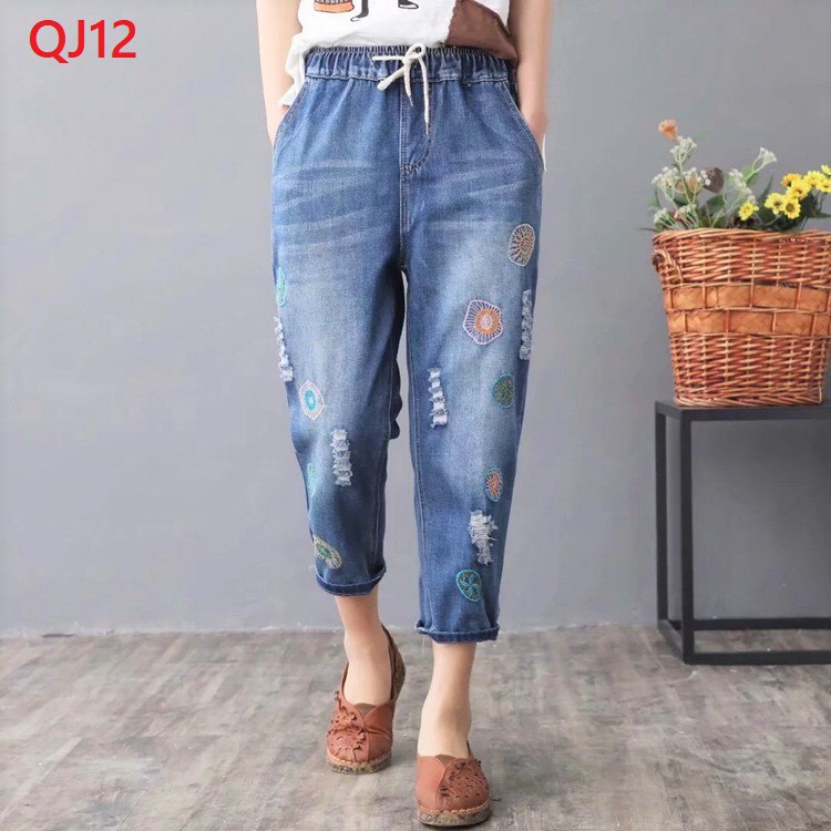 Quần bò nữ thêu họa tiết MS12 BIG SIZE cạp chun co dãn