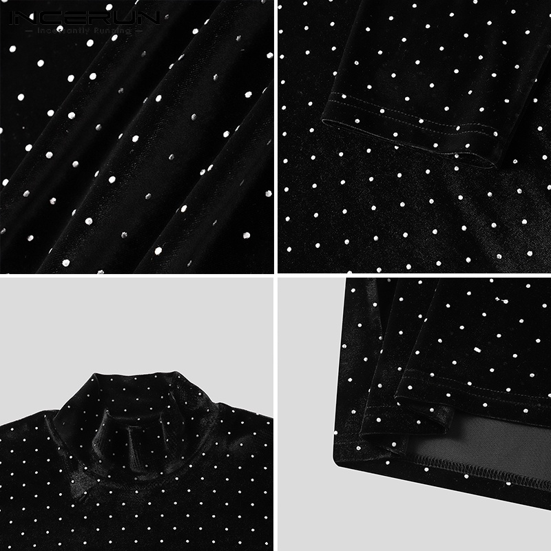 Áo nam INCERUN dài tay cổ cao màu đen họa tiết chấm bi