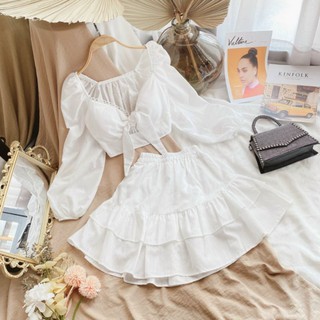 SET ÁO HOA NỔI CROP CỘT NƠ NGỰC x CHÂN VÁY TẦNG