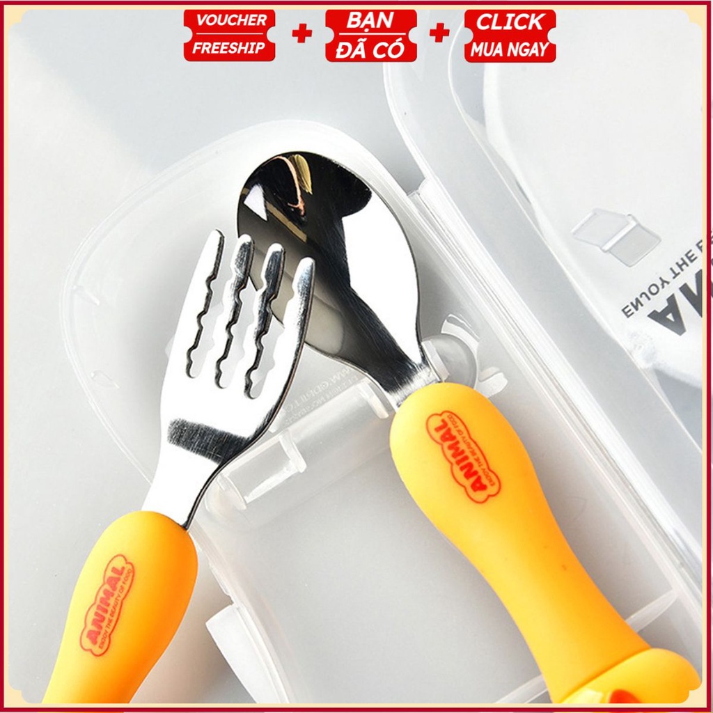 Set Thìa Dĩa inox 304 - Cán Hình Ếch Gà Đáng Yêu - Tặng Hộp Sạch Sẽ