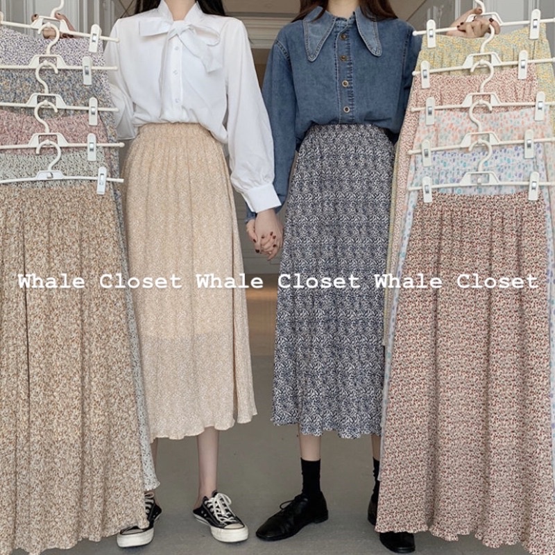 Chân váy hoa nhí chất voan nhăn dáng dài lưng chun 2 lớp hàng Quảng Châu vintage | BigBuy360 - bigbuy360.vn