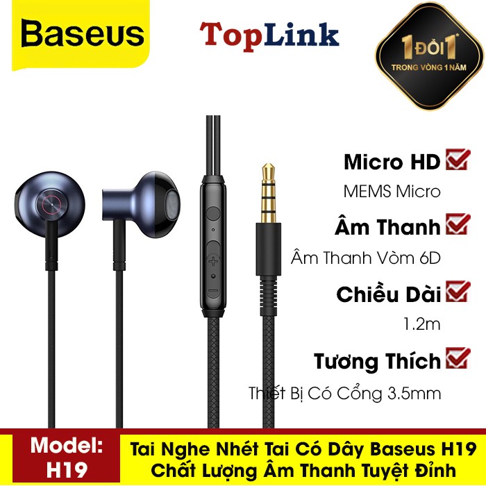 Tai Nghe Nhét Tai - Tai Nghe Có Mic Đàm Thoại Baseus H19 Âm Thanh Nổi 6D, Jack Cắm 3.5mm  - TopLink