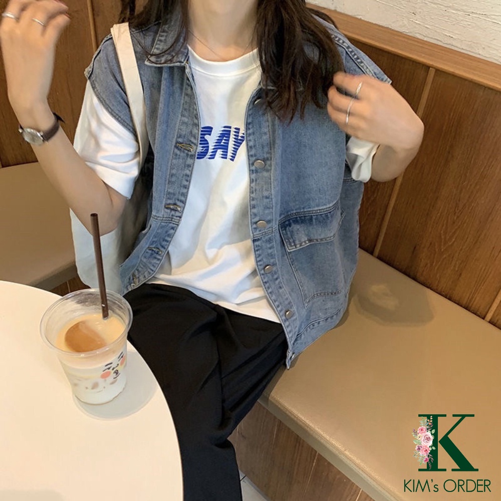Áo khoác jean nam nữ màu xanh và đen gile sát nách phom rộng basic phong cách retro Ulzzang Hàn Quốc cá tính năng động