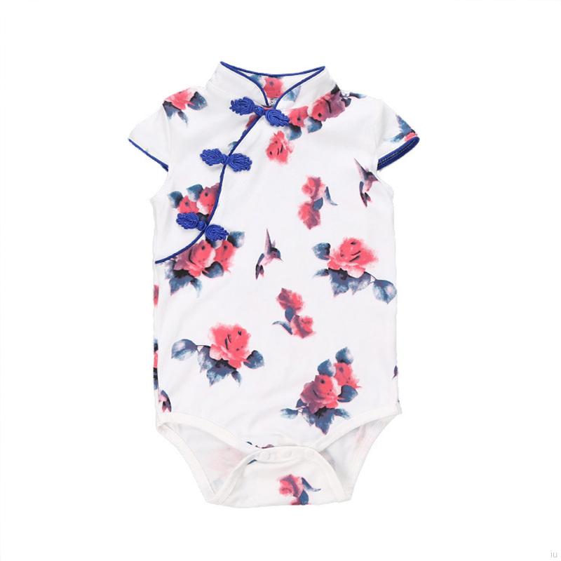 IU Summer Baby Girl Cute Flower Pattern Short Sleeve Romper Chinese Style One-piece Cheongsam Jumopsuit