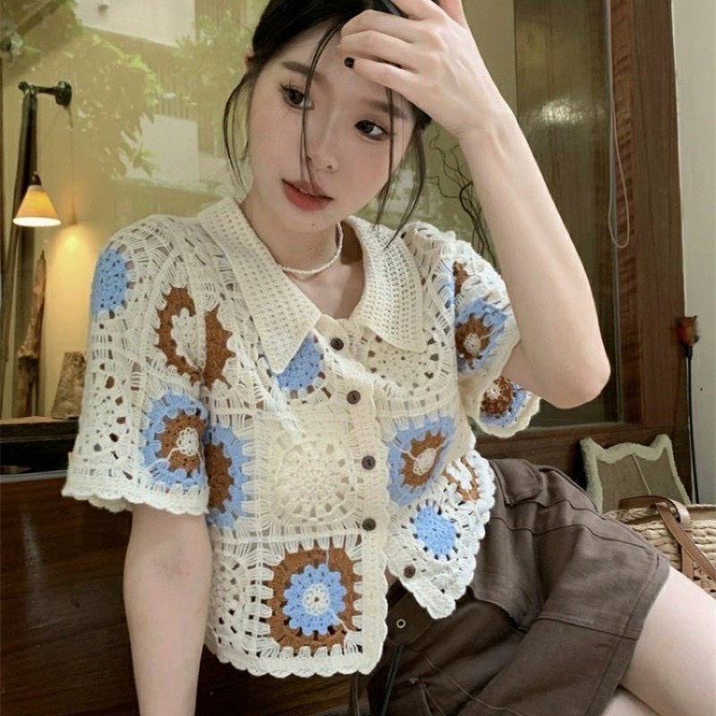 Áo croptop ren hoa cúc cổ đức xinh xắn hàng QC chuẩn trend Hàn