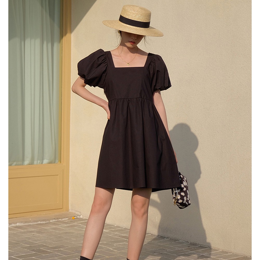 Đầm tay phồng cổ rộng màu trắng phong cách thanh lịch cho nữ