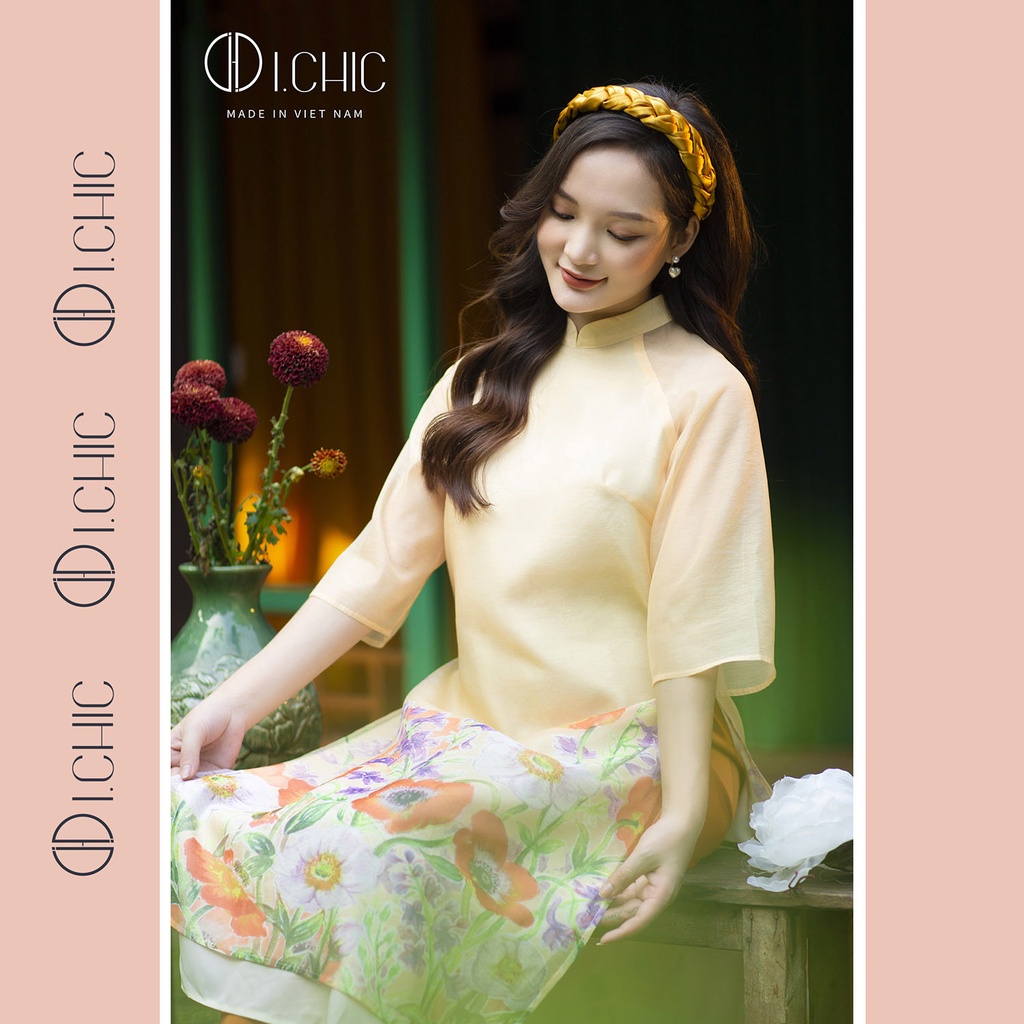 ICHIC - Áo Dài Cách Tân Hương Xuân Vàng Thiết Kế Tơ Cao Cấp