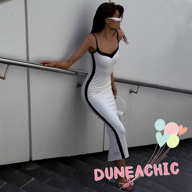DUNEA Đầm hai dây xẻ tà màu tương phản thời trang dành cho nữ