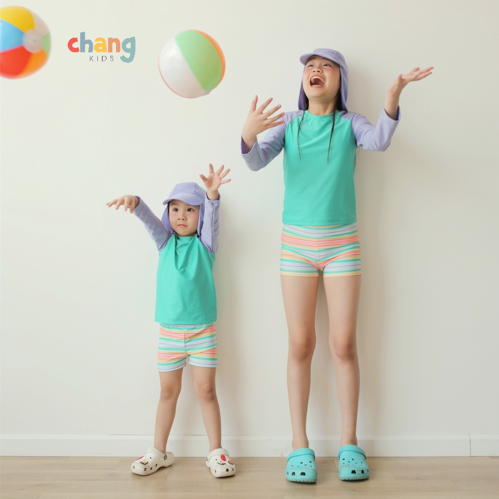 Bộ bơi rời áo dài tay quần đùi/bikini Sailor_Xanh tím kẻ