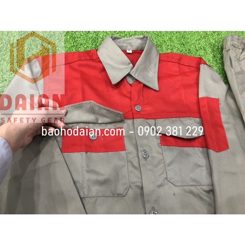 Quần áo bảo hộ lao động vải kaki 31 túi hộp màu ghi đất phối đỏ - M12