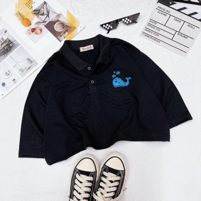 ÁO CROPTOP POLO OVERSIZED THÊU LOGO - ĐEN | BigBuy360 - bigbuy360.vn