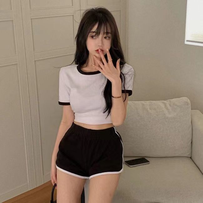 Jiashucheng Set Đồ Thể Thao Màu Sắc Tương Phản Gồm Áo Thun Tay Ngắn + Quần Short Thời Trang Mùa Hè Cho Nữ