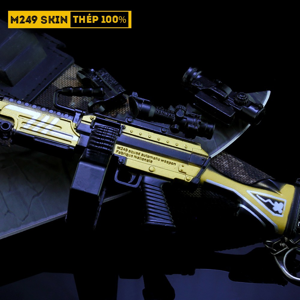 Mô Hình PUBG M249 Skin Black Gold Tặng Kèm 3 Scope Và Kệ Trưng Bày 19cm