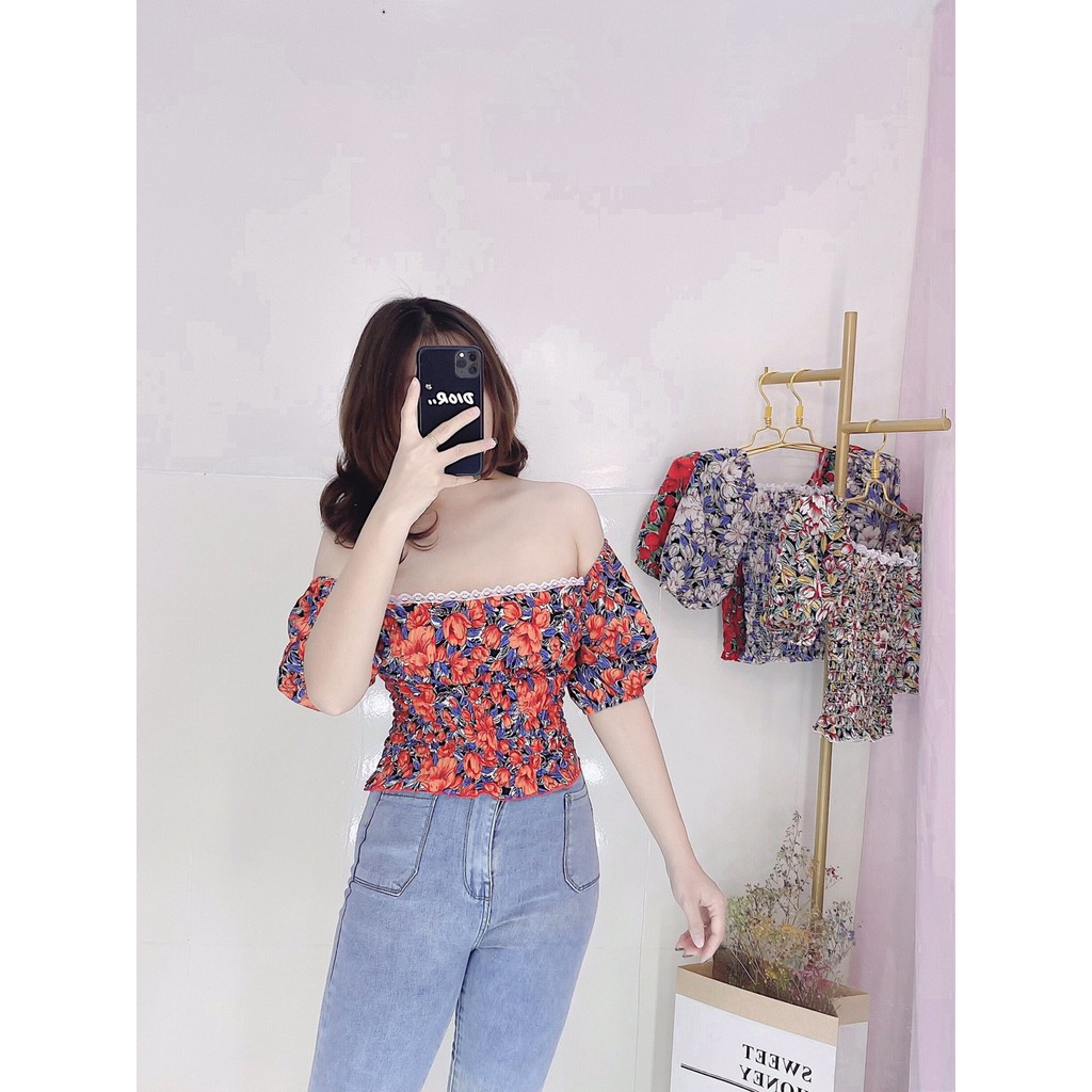 Áo Kiểu Voan Hoa Nhí Thân Nhún Tay Ngắn Bẹt Vai Thời Trang TTSA0558