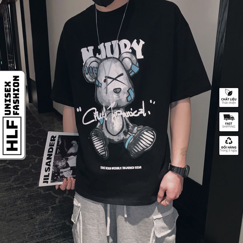 Áo phông nam HLFashion tay lỡ unisex form rộng Gấu NJURY thun oversize nam nữ ulzzang