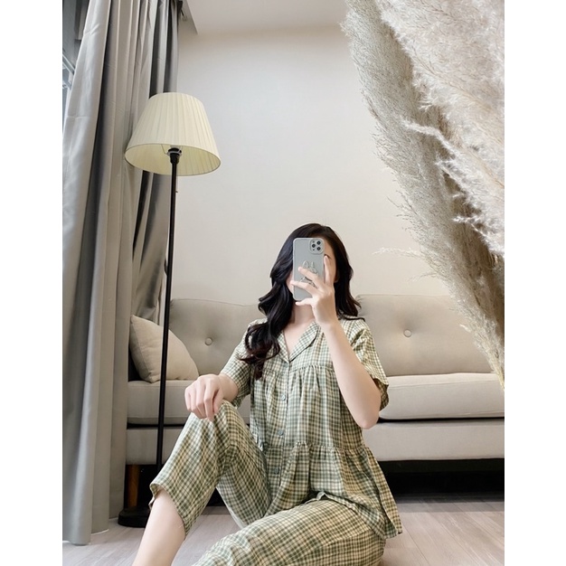 Bộ Pijama Chất Đũi Kẻ Dáng Babydoll Hàng Thiết Kế Cao Cấp Mặc Nhà