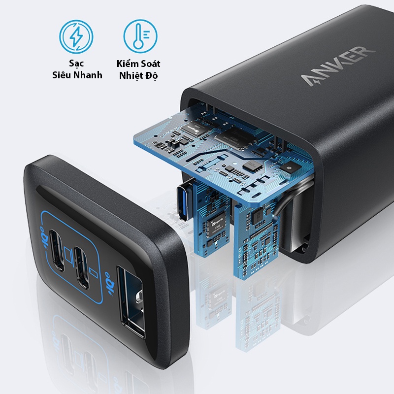 Bộ sạc nhanh Anker PowerPort 335 3-Port 65w kèm cáp C to C 1m B2330 hỗ trợ PD/PPS/QC