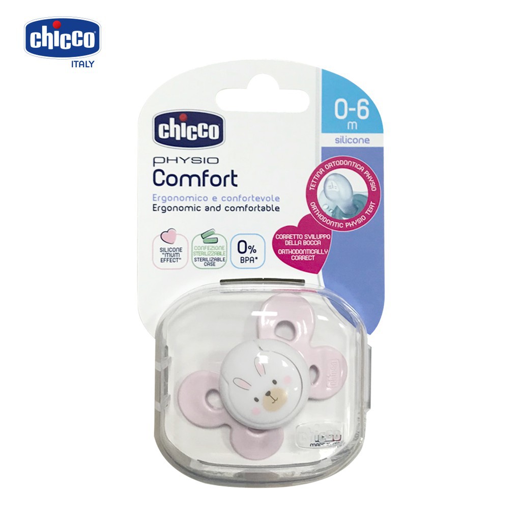 Ty ngậm silicon Chicco Physio Comfort màu hồng kèm hộp 0 - 6M