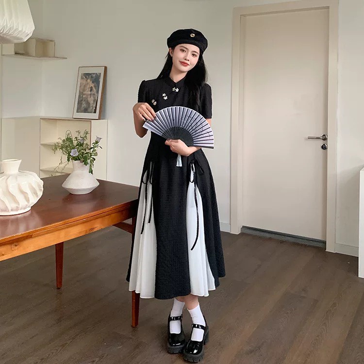Váy đầm sườn xám cách tân đen đuôi trắng cách điệu retro phong cách Ulzzang