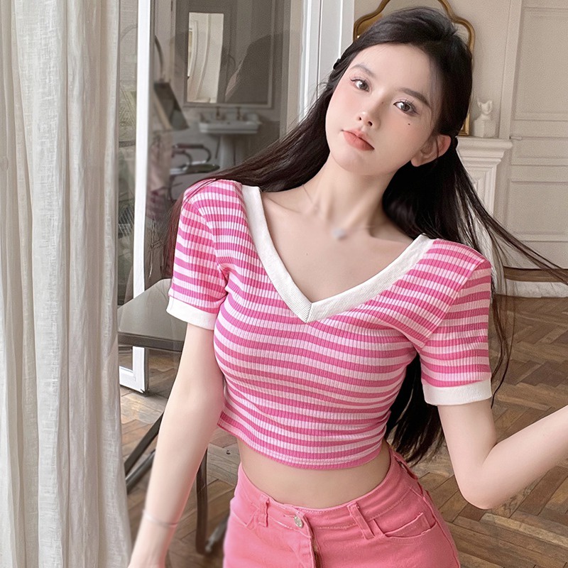 Áo Croptop Dệt Kim Tay Ngắn Cổ Chữ V Hoạ Tiết Kẻ Sọc Thời Trang Mùa Hè Cho Phái Nữ