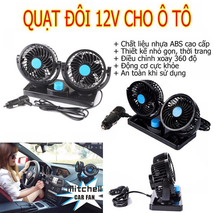 Quạt máy đôi mini 12v xoay 360 tiện ích trên ô tô, xe hơi cao cấp