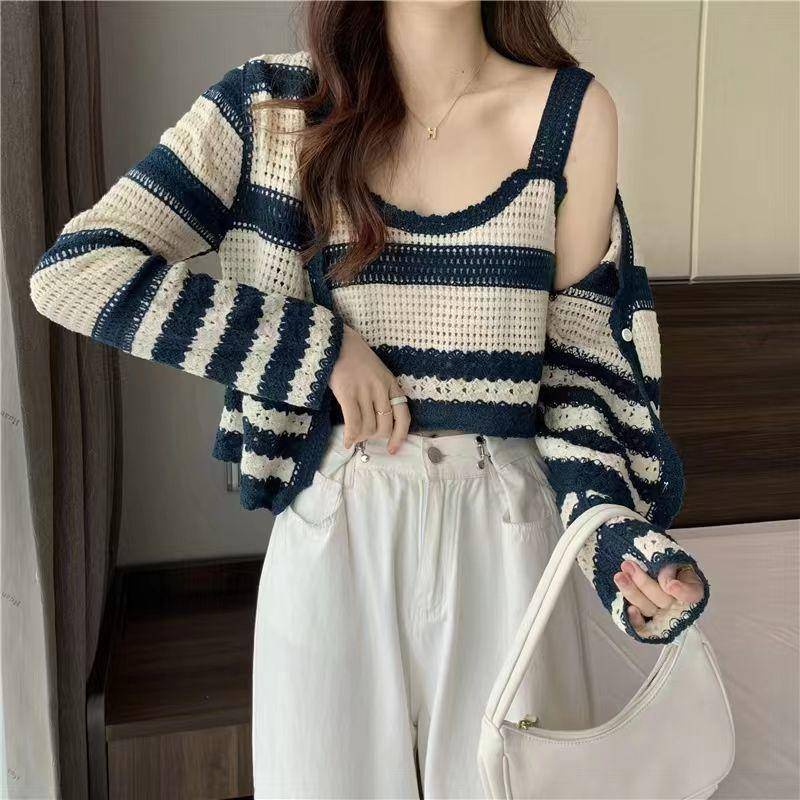 Áo Cardigan Dệt Kim Kẻ Sọc Rộng Bộ Hai Mảnh Có Dây Đeo Áo Ngắn Cho Nữ