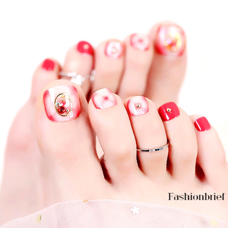 Bộ 24 Móng Chân Giả Màu Hồng Trang Trí Họa Tiết Đính Đá Thời Trang