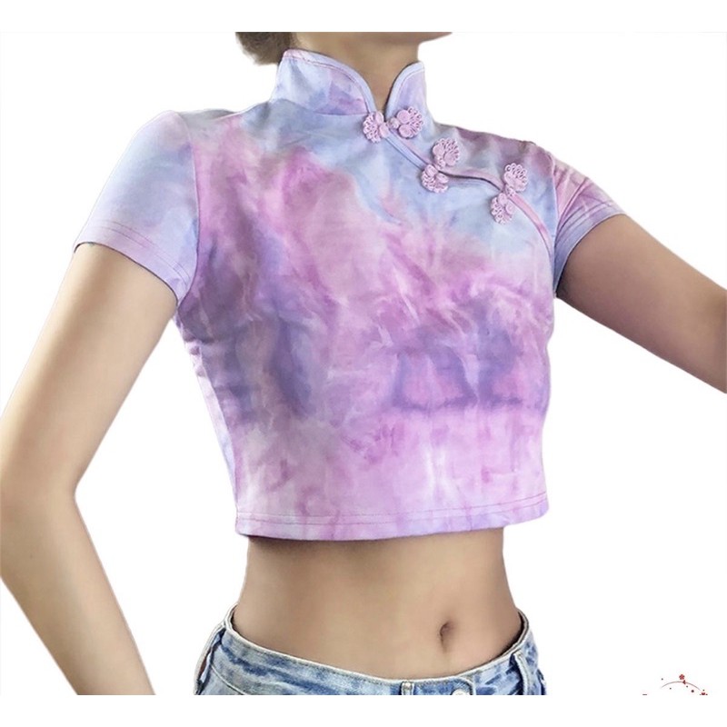 Áo croptop cổ tàu loang màu