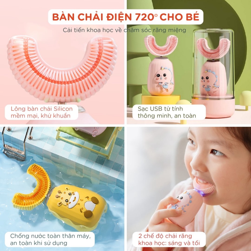 [Tặng kem] Brushie Kids-Bàn Chải Điện Trẻ Em Cao Cấp Chống Nước, chế độ Sáng-Tối, Khử Khuẩn Chăm Sóc Nứu-Nhạc Tiếng Việt