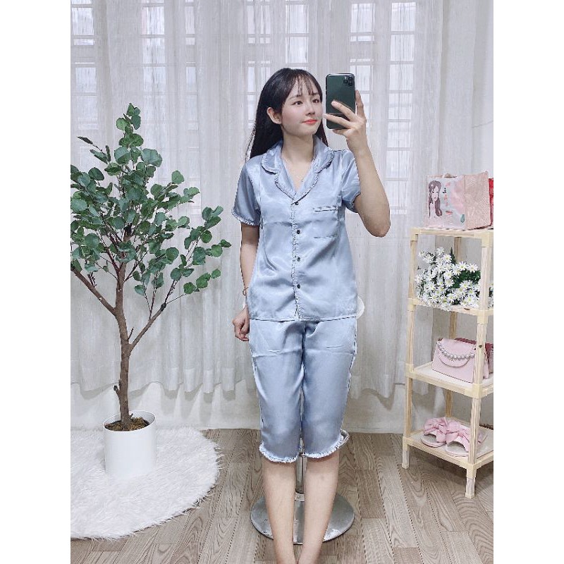 đồ bộ pijama lửng phi lụa viền bèo (có túi quần)