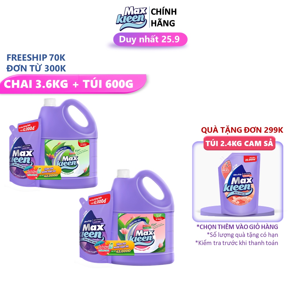 Chai Nước Lau Sàn MaxKleen 3.6kg + Túi Nước Giặt xả 600g Hoa Huyền Diệu