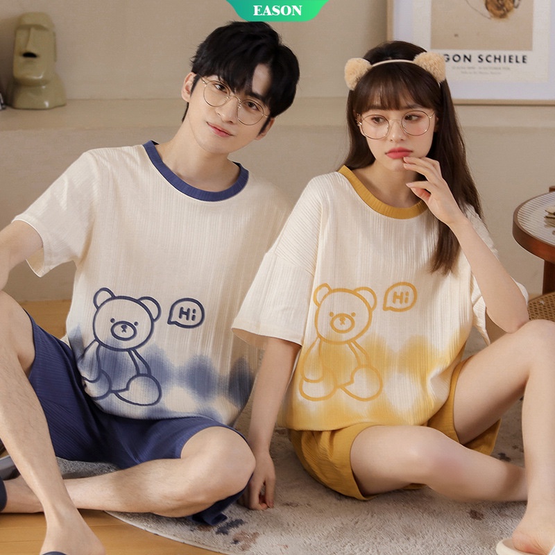 Bộ Đồ Ngủ Tay Ngắn Chất Liệu Cotton In Họa Tiết Kẻ Sọc Kèm Quần Ngắn Co Giãn Thời Trang Mùa Hè Cho Nam WT41