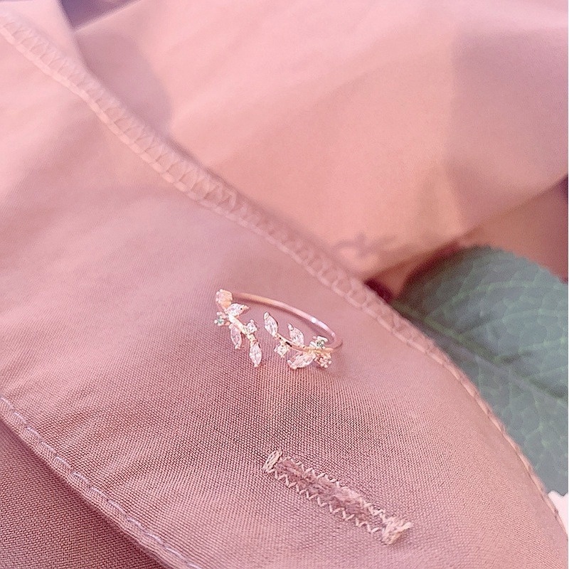 Nhẫn hở nữ thiết kế lá đính đá zircon thời trang Hàn Quốc