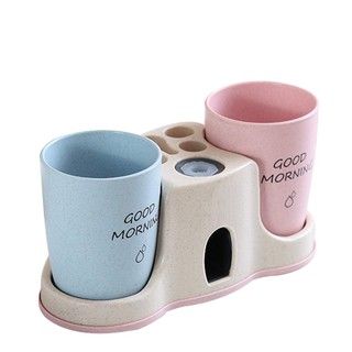 Dụng cụ lấy kem đánh răng tự động 2 cốc lúa mạch - nhả kem 2 cốc gắn tường chất liệu lúa mạch