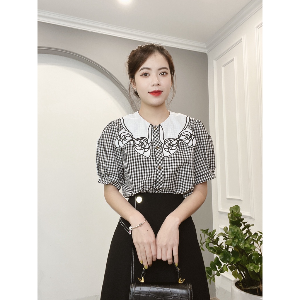 Áo Sơ Mi Kẻ Cổ Phối Màu Thêu Nơ Min House