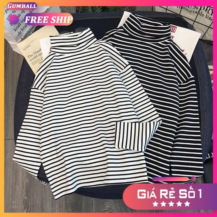 Áo Thun Tay Dài Nữ Áo Phông Dài Tay Nữ Sọc Kẻ Ngang Cổ Lọ Form Rộng Chất Vải Cotton Cá Tính ་
