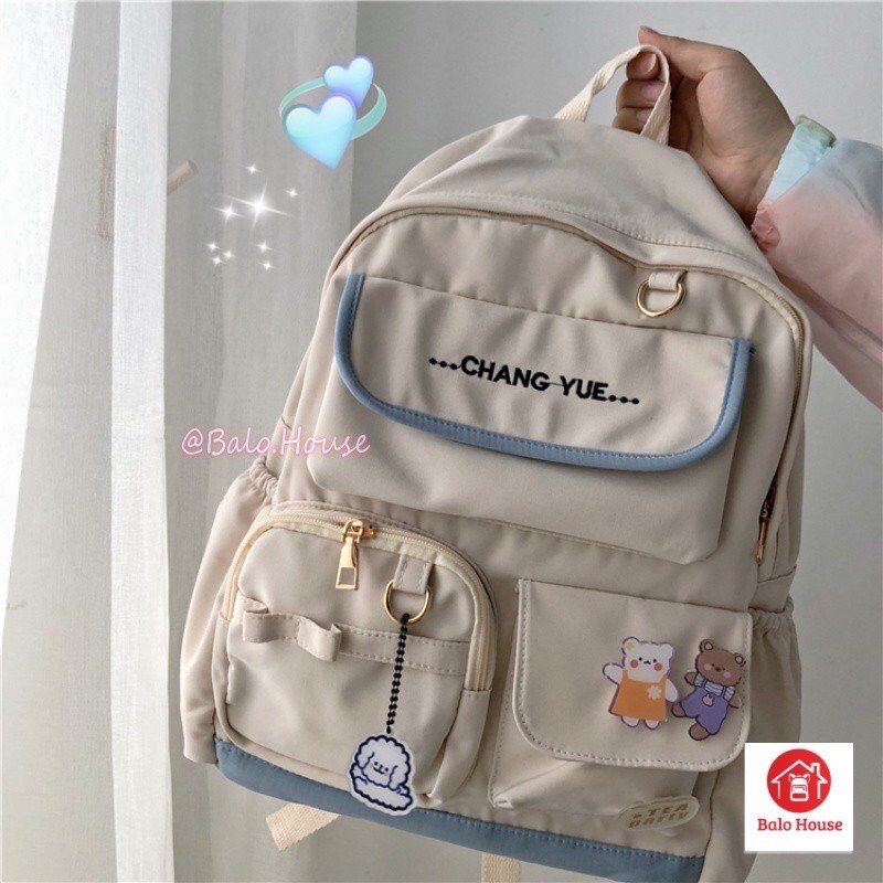 ( Tạng kèm stiker) Balo Hàn Quốc vải bố chang ye có túi nước bên hông