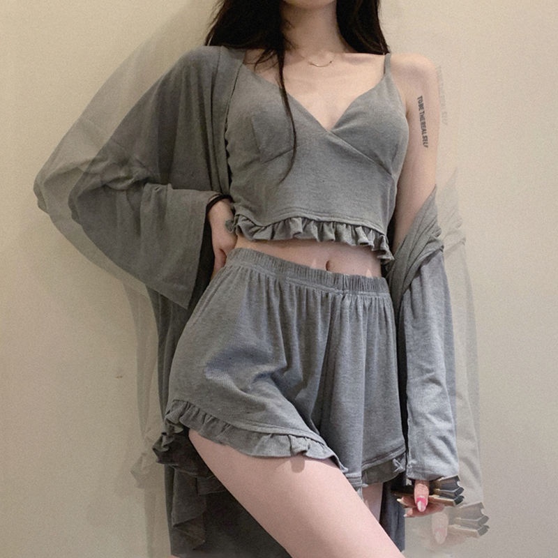 Bộ Đồ Ngủ Pijama Ba Món Áo Khoác Tay Dài + Quần Short Size Lớn 2022 Mới Cho Nữ