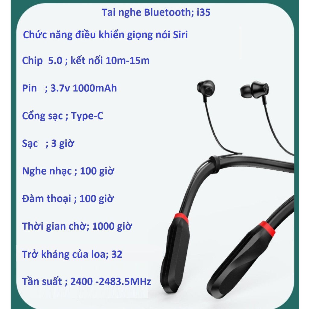 Tai Nghe Bluetooth  5.0  thể thao quàng cổ  i35, Pin cực khủng 1000 mAh, nghe nhạc và đàm thoại 100 giờ ,chức năng Siri.