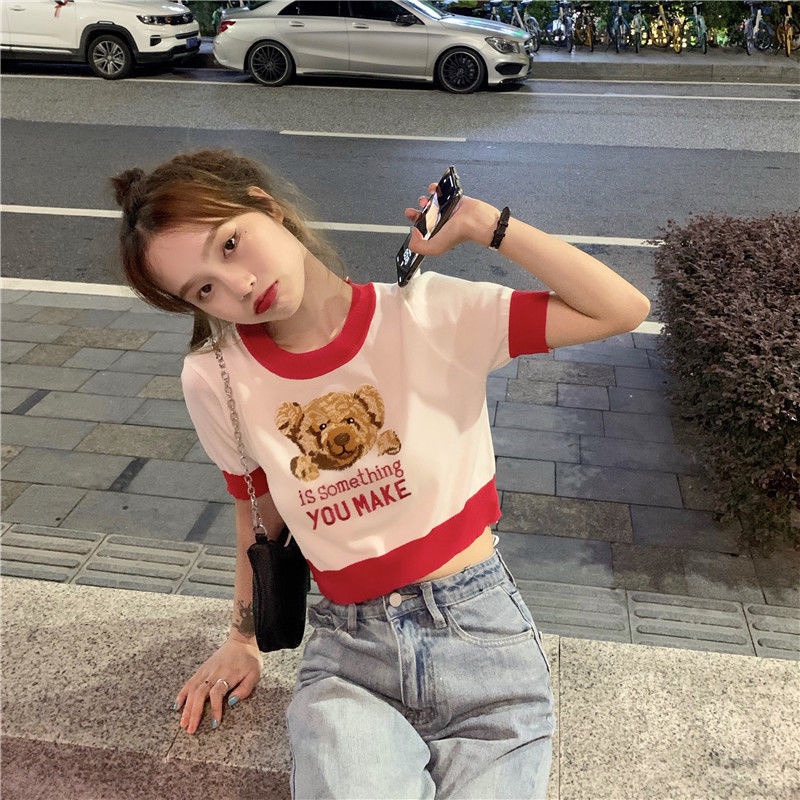 Áo Sweater Ngắn Tay In Hình Gấu Thời Trang Cho Nữ