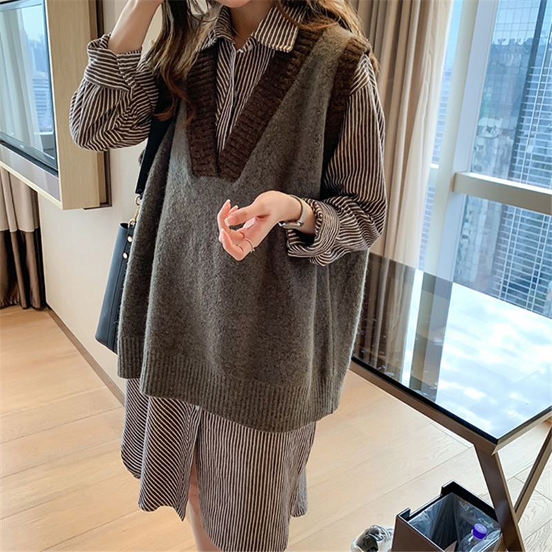 Áo Len Nữ Không Tay Cổ Chữ V Màu Sắc Retro Thời Trang