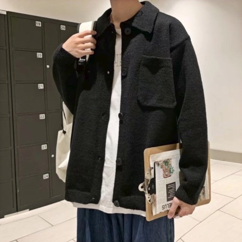 Áo len dài tay màu trơn cổ bẻ có túi phong cách Hàn Quốc thời trang thu đông cho nam